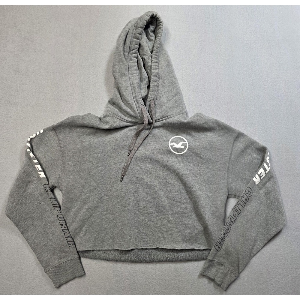 Vintage Y2K Hollister Hoodie Women M Gray Cropped Fleece Spellout Preppy Cute